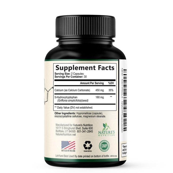 5 HTP 200mg Capsules Vegetarian Supplement - 5HTP Plus Calcium for Brain Support - Extra Strength Griffonia Simplicifolia 5-HTP Formula - 5 Hydroxytryptophan - Gluten Free & Non-GMO - 60 Capsules