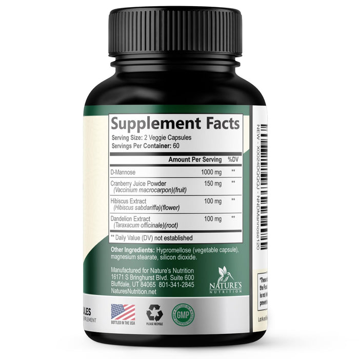 D-Mannose Supplement 1,350 mg with Cranberry & Hibiscus - Effective Fast-Acting, Flush the Impurities for Natural Bladder, Urinary Tract Health Support, for Women and Men, Non-GMO, Vegan, 120 Capsules