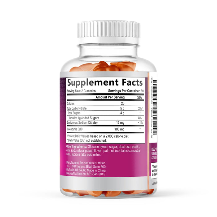 Nature's Nutrition CoQ10 Gummies 100mg – High Absorption Coenzyme Q10 Supplement for Heart Health, Energy & Antioxidant Support – Peach Flavor Gummy, Vegan, Non-GMO, Gluten Free – 120 Count