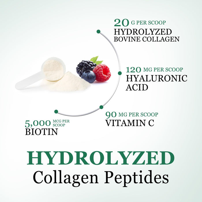 Collagen Peptides Powder 20g - Hydrolyzed Type 1 & 3 Berry Flavor Collagen Powder - Biotin, Hyaluronic Acid, Vitamin C - Hair, Skin, & Nails Support Supplement for Women & Men - Bottled in USA, 10.5oz