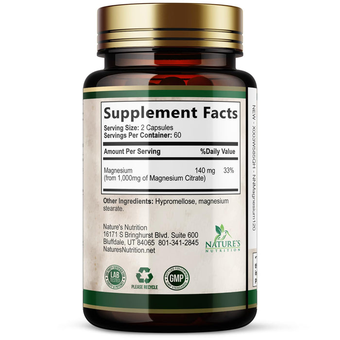 Magnesium Supplement (Citrate Oxide) 1000mg for Best Absorption, Supports Bone, Heart Health, Nerves, Muscles & Metabolism, Nature's Pure Magnesio Vitamin Pills, Bottled in USA, 120 Capsules