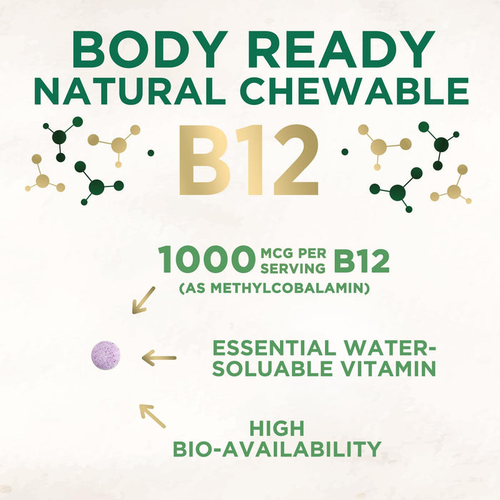 Vitamin B12 (Methylcobalamin) 1000 mcg - Chewable Tablet for Energy, Nervous System & Brain Support - Maximum Strength, Fast Dissolve, Vegan, Gluten-Free, Non-GMO for Women & Men - 60 Tablets