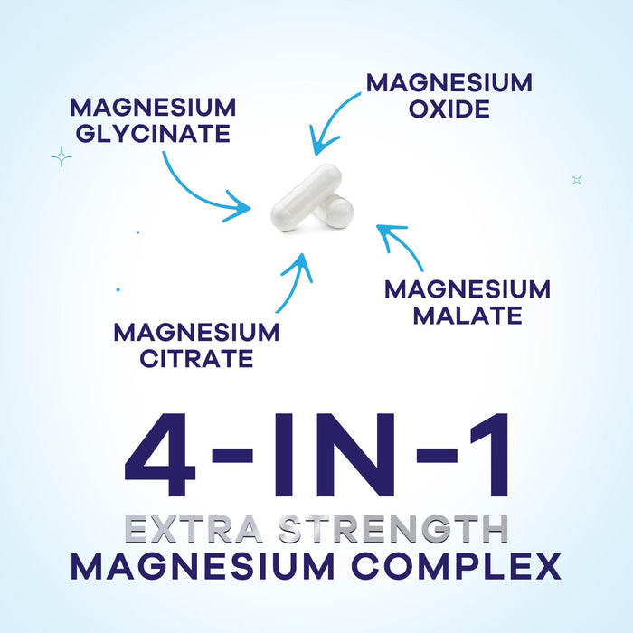 Magnesium Complex Supplement 500 mg - 4 in 1 High Absorption Chelated Magnesium Glycinate, Malate, Citrate, Oxide, Aquamin - Non-GMO Magnesio Capsules, Bone Muscle & Heart Health Support, 60 Capsules