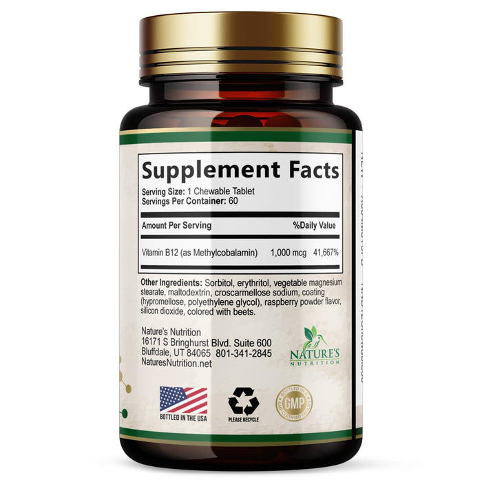 Vitamin B12 (Methylcobalamin) 1000 mcg - Chewable Tablet for Energy, Nervous System & Brain Support - Maximum Strength, Fast Dissolve, Vegan, Gluten-Free, Non-GMO for Women & Men - 60 Tablets