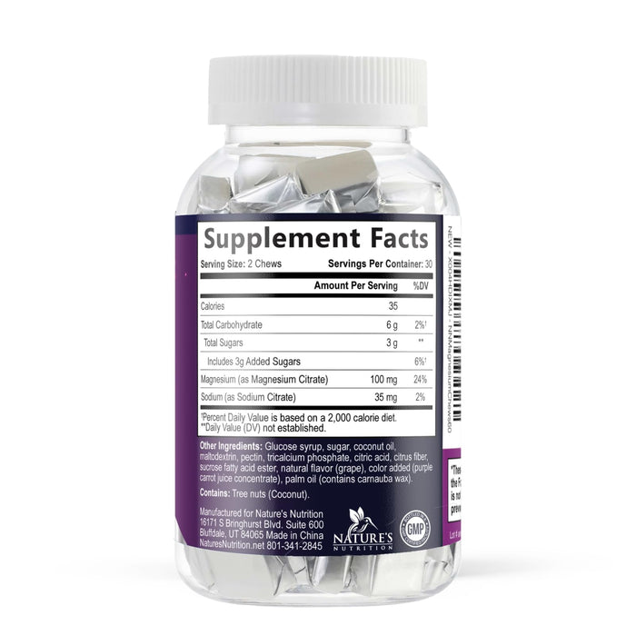 Magnesium Citrate Supplement Gummies 100mg - High Absorption Magnesium Citrate Soft Chews for Heart, Muscle, Calm, & Nerve Health Support, Vegan Chewable Gummies for Adults, Grape-Flavor - 60 Count