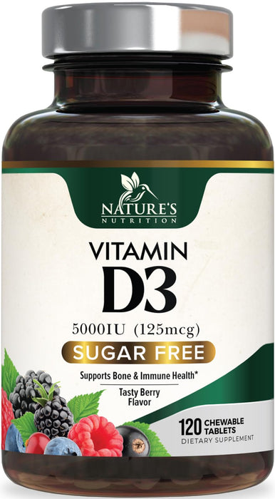 Vitamin D3 5000 IU (125 mcg) Nature's Extra Strength Vitamin D Supplement Chewable for Immune Support Health - Bone, Teeth and Muscle Supplements - Sugar Free, Non-GMO, Gluten Free - 120 Count Tablets