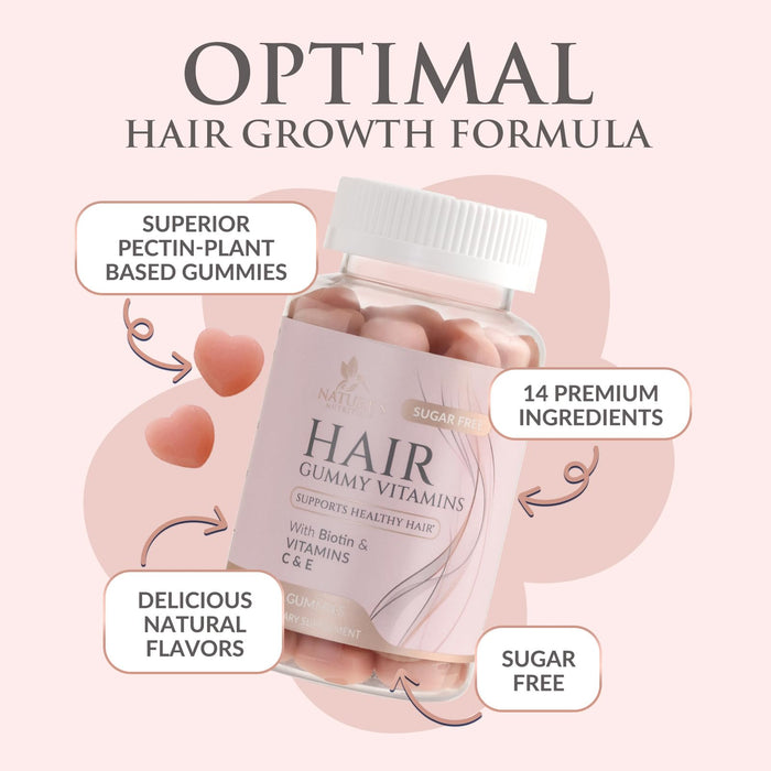 Sugar Free Hair Vitamins Gummies with Biotin 5000 mcg, Vitamin A, B12, C, D, E, Folic Acid, Supports Hair Growth Gummy, Vegetarian Friendly, Supports Strong Beautiful Hair and Nails - 60 Gummies