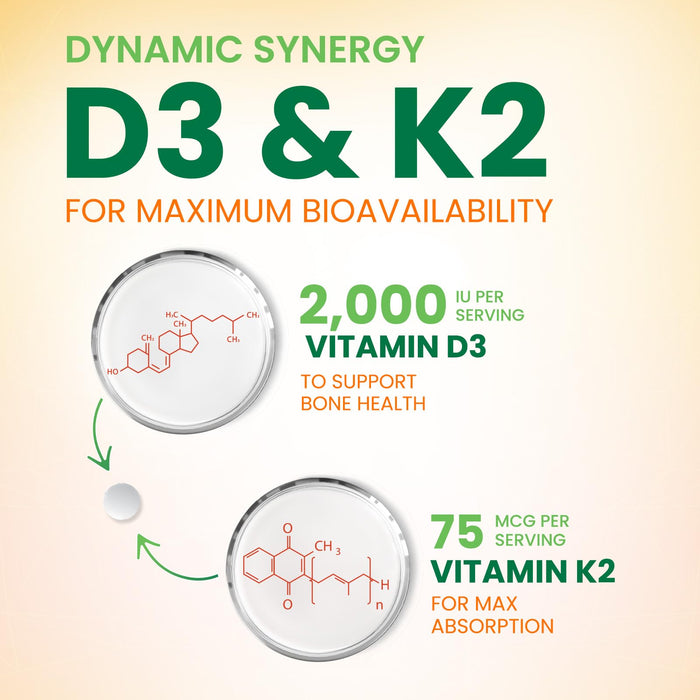Vitamin D3 K2 2000 IU Plus with K2 (MK-7) 75 mcg - Vitamins D & K Complex Supplement for Bone, Teeth, Muscle, Calcium Absorption, Supports Immune & Heart Health, Non-GMO Chewable Formula - 120 Tablets