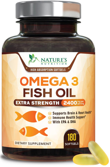 Omega 3 Fish Oil 2400 mg – Triple Strength EPA & DHA Fatty Acids for Heart, Brain & Joint Support – Wild-Caught, Burpless, Lemon Flavor Supplement – Natural, Non-GMO, Gluten-Free – 180 Softgels