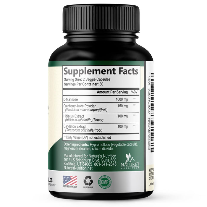 D-Mannose Supplement 1,350 mg with Cranberry & Hibiscus - Effective Fast-Acting, Flush The Impurities for Natural Bladder, Urinary Tract Health Support, for Women and Men, Non-GMO, Vegan, 60 Capsules