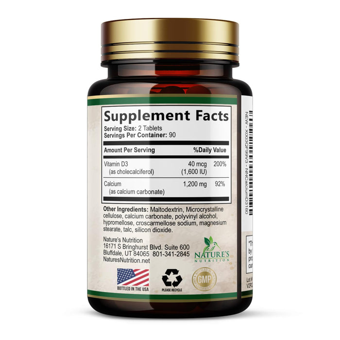 Calcium 1200 mg with Vitamin D3, Calcium Supplement Vitamins, Supports Bone Strength, Teeth & Immune System, Calcium Supplements for Women & Men, Nature's Absorbable Calcium Carbonate - 180 Tablets