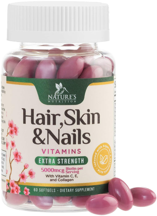 Hair Vitamins Biotin 5000 mcg Collagen for Hair Skin and Nails Vitamin Nature's, Supports Supplement Fast Fuller Thicker Healthy Growth Support, with Hyaluronic Acid Women & Men, Non-GMO, 60 Softgels