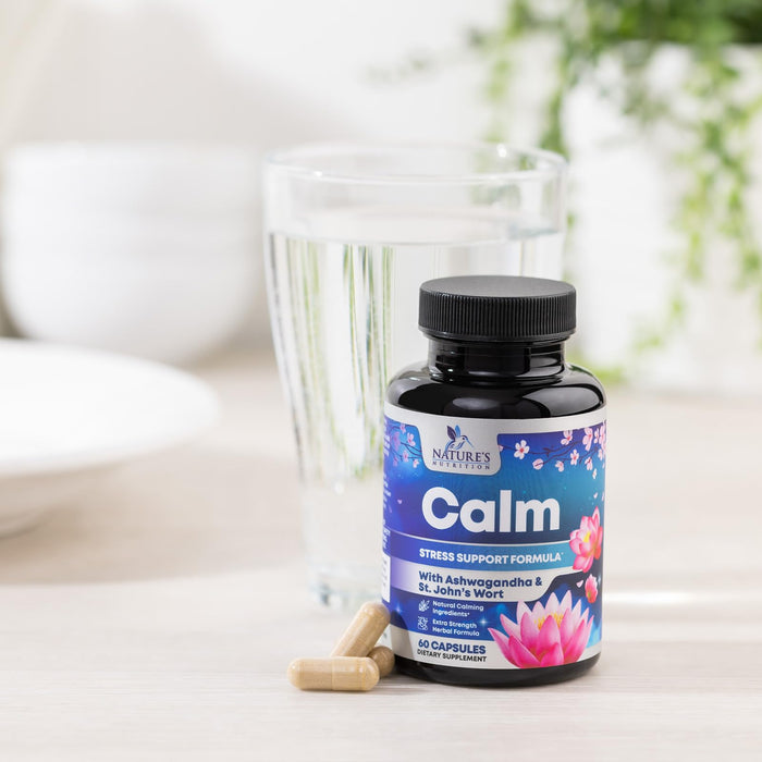 Natural Calm, Unwind & Relax Support with Ashwagandha, GABA, Magnesium, 5-HTP, L-Theanine & B Vitamins, Natural Focus, Energy & Immune Support - Nature's Non-GMO, Vegan, Gluten Free - 60 Capsules