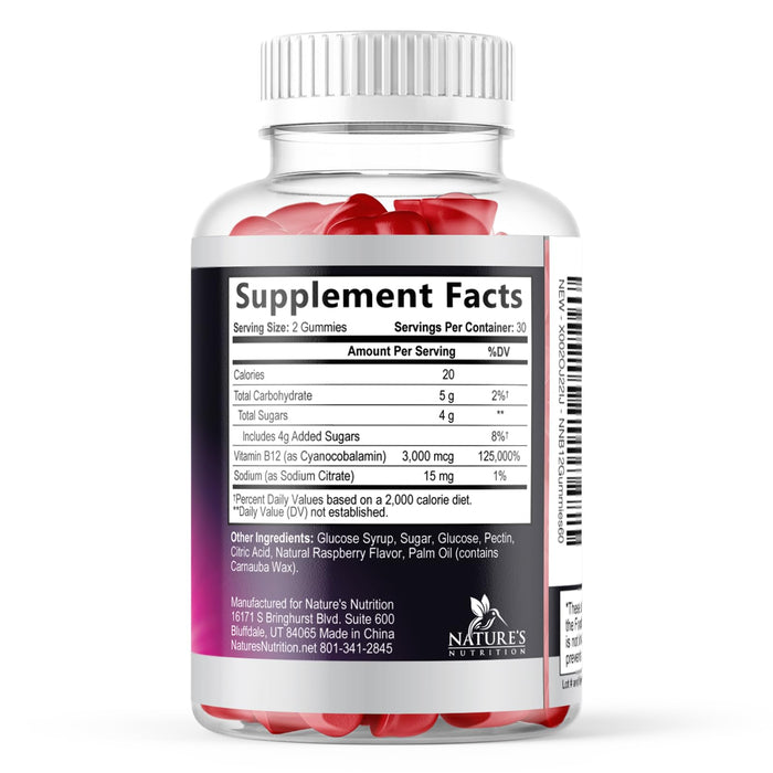 B12 Gummies for Adults, Extra Strength Energy 3000 mcg - B-12 Energy Metabolism & Immune System Support - Chewable Dietary Supplement for Adults & Kids Caffeine Free Gummy Vitamin - 60 Gummies