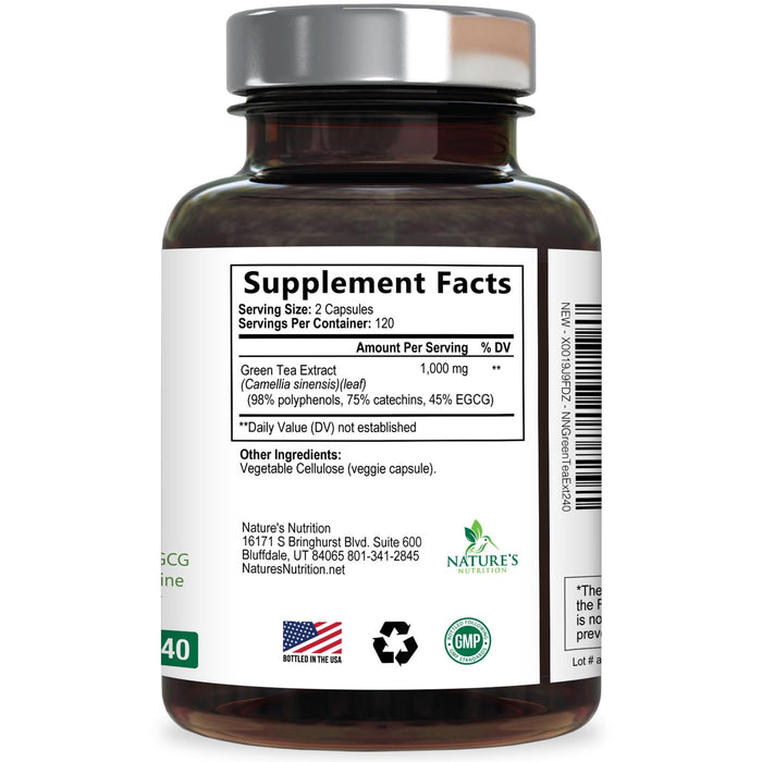 Green Tea Extract Capsules 1000mg 98% Standardized EGCG - 3X Strength for Natural Energy - Heart Support with Polyphenols - Gentle Caffeine - 240 Capsules