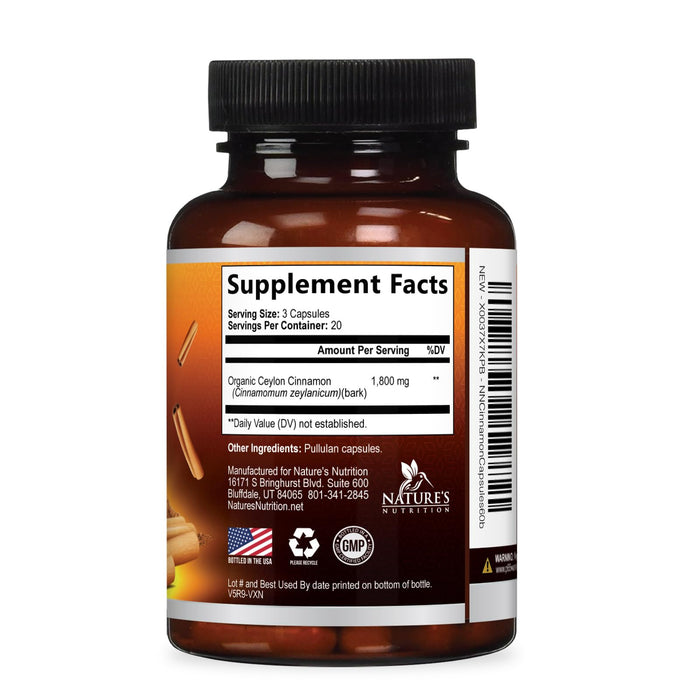 Organic Ceylon Cinnamon Supplement 1800mg - Certified Organic Ceylon Cinnamon Powder Pills - Energy & Heart Support for Women & Men, Bottled in USA, Antioxidant, Gluten Free, Non-GMO - 60 Capsules