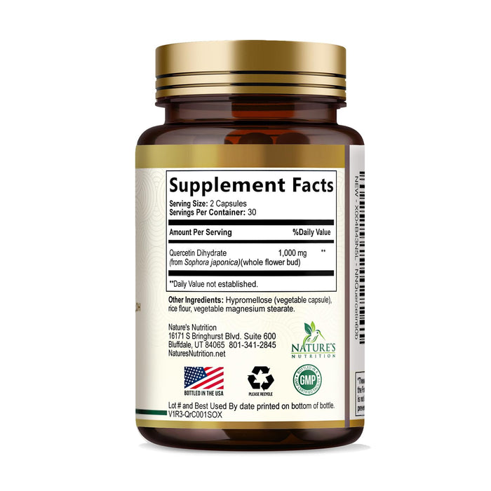 Quercetin 1000mg Per Serving – Extra Strength Quercetin Dihydrate Capsules from Sophora Japonica – Plant-Based Bioflavonoids for Cellular & Immune Support – Non-GMO, Vegan - 60 Veggie Capsules