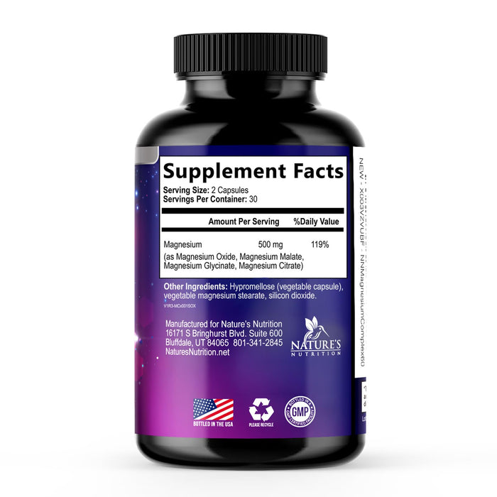 Magnesium Complex Supplement 500 mg - 4 in 1 High Absorption Chelated Magnesium Glycinate, Malate, Citrate, Oxide, Aquamin - Non-GMO Magnesio Capsules, Bone Muscle & Heart Health Support, 60 Capsules