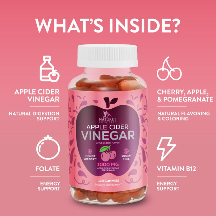Vegan Apple Cider Vinegar Gummy 1000mg - Sugar Free ACV Gummies Vitamins Supplement with Vitamin B12 for Energy - Supports Digestion, Detox and Cleanse - Gelatin-Free, Non-GMO - 120 Gummies