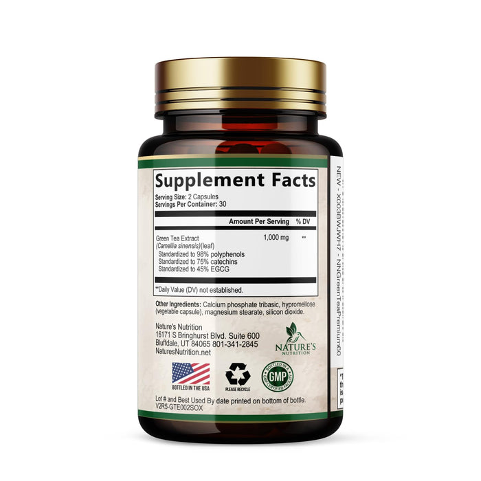 Green Tea Extract Capsules 1000 mg - Standardized 45% EGCG & 98% Polyphenols - 3X Strength Green Tea Pills for Natural Energy - Supports Heart Health, Herbal Supplement, Vegan, Non-GMO - 60 Capsules