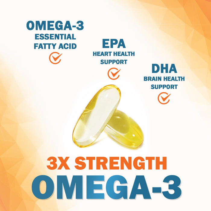 Omega 3 Fish Oil 2400 mg – Triple Strength EPA & DHA Fatty Acids for Heart, Brain & Joint Support – Wild-Caught, Burpless, Lemon Flavor Supplement – Natural, Non-GMO, Gluten-Free – 60 Softgels