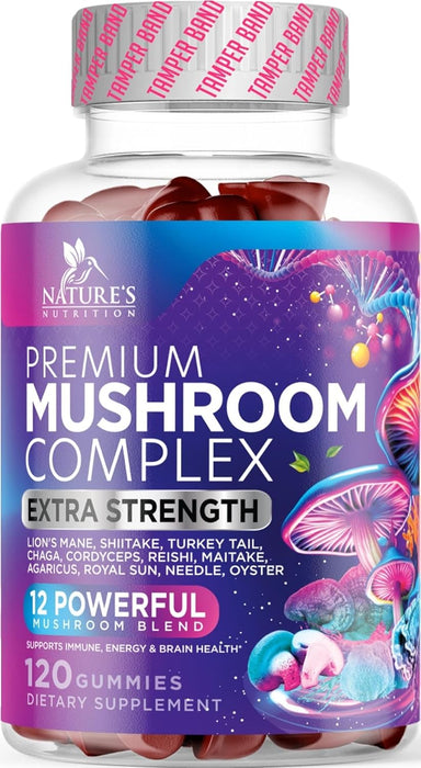 Mushroom Supplement Gummies - 12 in 1 with Lions Mane, Reishi, Cordyceps, Chaga & Turkey Tail Mushroom Complex, Immune Support & Nootropic Brain Supplements for Memory, Energy & Focus - 120 Gummies
