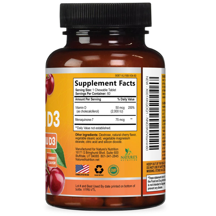 Vitamin D3 K2 2000 IU Plus with K2 (MK-7) 75 mcg - Vitamins D & K Complex Supplement for Bone, Teeth, Muscle, Calcium Absorption, Supports Immune & Heart Health, Non-GMO Chewable Formula - 60 Tablets