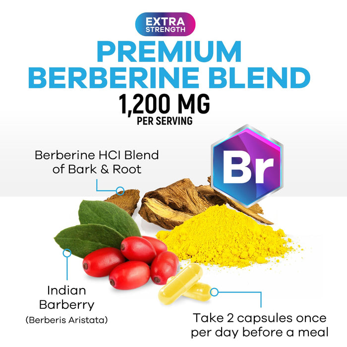 Berberine HCL 1200mg Supplement - Berberine HCI Capsules High Absorption Supplement for Heart Health & Immune Support, High Strength, Gluten-Free, Vegan, Non-GMO Pills - 120 Veggie Capsules