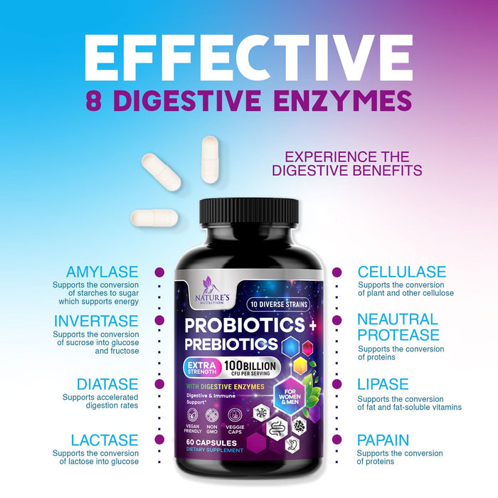 Probiotics for Women & Men 100 Billion CFU - 10 Strains with Lactobacillus, Digestive Gut Health Probiotics & Immune Support Supplement, Supports Occasional Constipation, Gas & Bloating - 60 Capsules