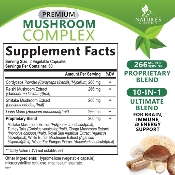 Mushroom Supplement Nootropic 1330mg - 10 in 1 High Strength Brain Supplements Mushroom Complex with Lions Mane, Turkey Tail, Reishi, Cordyceps & Chaga for Memory, Brain & Focus Support - 120 Capsules