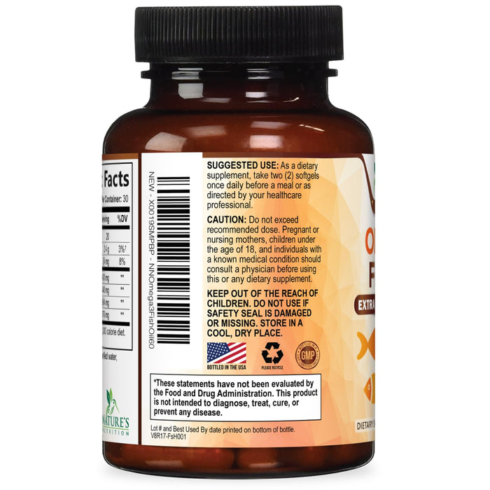 Omega 3 Fish Oil 2400 mg – Triple Strength EPA & DHA Fatty Acids for Heart, Brain & Joint Support – Wild-Caught, Burpless, Lemon Flavor Supplement – Natural, Non-GMO, Gluten-Free – 60 Softgels
