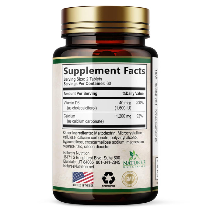 Calcium 1200 mg with Vitamin D3, Calcium Supplement Vitamins, Supports Bone Strength, Teeth & Immune System, Calcium Supplements for Women & Men, Nature's Absorbable Calcium Carbonate - 120 Tablets