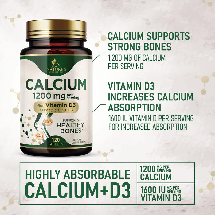 Calcium 1200 mg with Vitamin D3, Calcium Supplement Vitamins, Supports Bone Strength, Teeth & Immune System, Calcium Supplements for Women & Men, Nature's Absorbable Calcium Carbonate - 120 Tablets