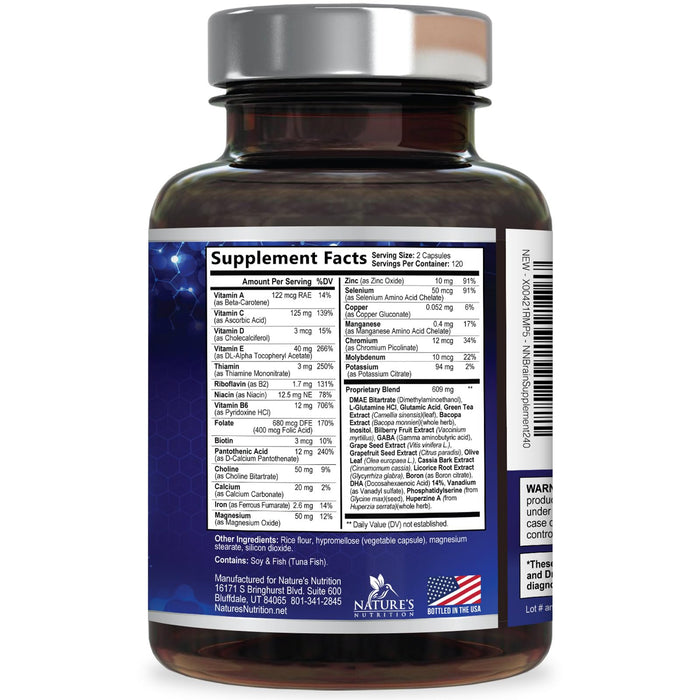 Brain Memory Supplement Pills - Nootropics Support for Concentration, Clarity, Alertness & Focus - Brain Health with Bacopa, Cognitive Vitamins, Phosphatidylserine, DMAE - Brain Booster - 240 Capsules