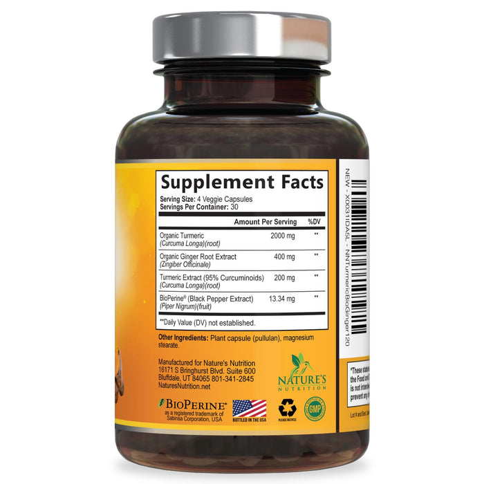 Turmeric Curcumin Supplement 2600mg with Organic Ginger & Turmeric, BioPerine Black Pepper Extract 95% Curcuminoids - Advanced Absorption Joint & Antioxidant Extra Strength Support - 120 Capsules