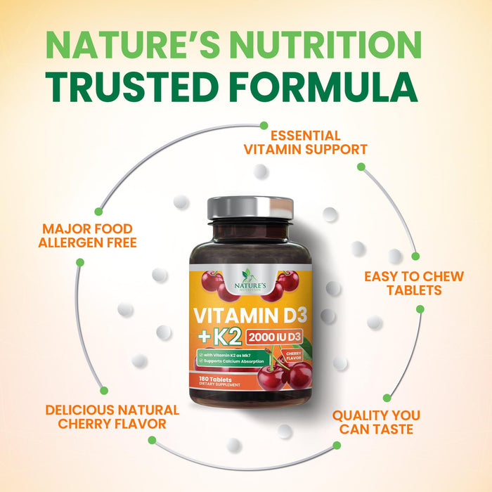Vitamin D3 K2 2000 IU Plus with K2 (MK-7) 75 mcg - Vitamins D & K Complex Supplement for Bone, Teeth, Muscle, Calcium Absorption, Supports Immune & Heart Health, Non-GMO Chewable Formula - 180 Tablets