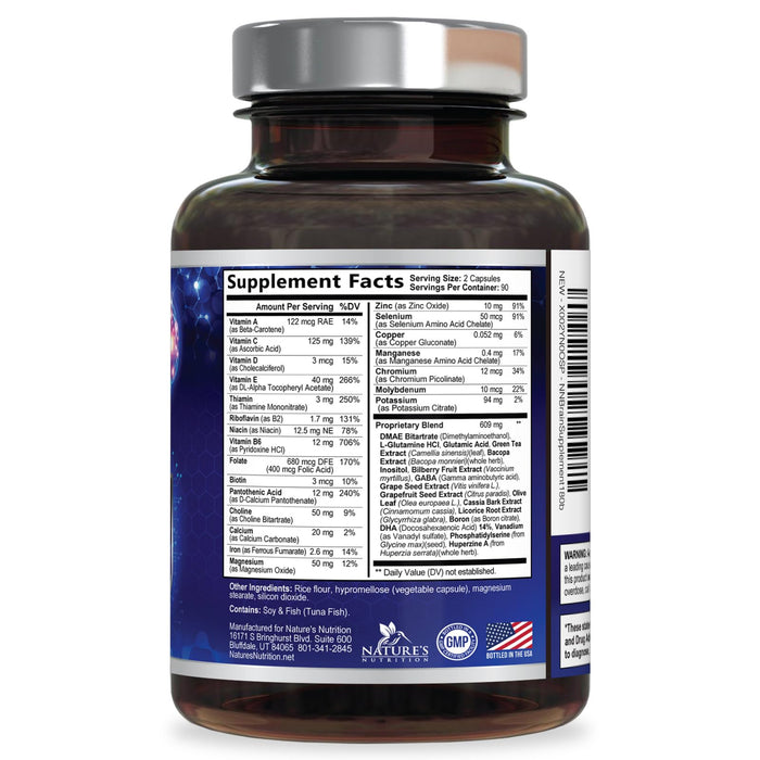 Brain Memory Supplement Pills - Nootropics Support for Concentration, Clarity, Alertness & Focus - Brain Health with Bacopa, Cognitive Vitamins, Phosphatidylserine, DMAE - Brain Booster - 180 Capsules