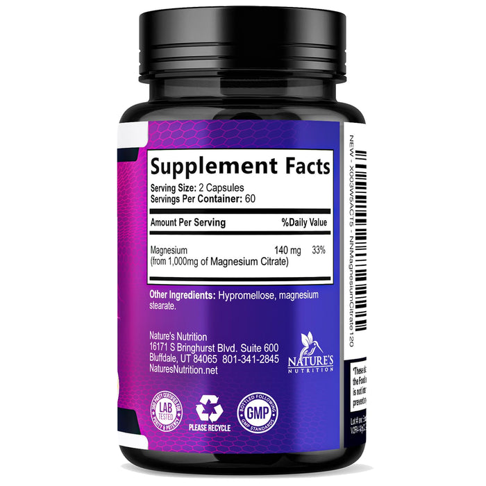 Magnesium Citrate Supplement 1000 mg for Best Absorption, Supports Bone, Heart Health, Nerves, Muscles, Metabolism & Calm, Nature's Pure Magnesio Vitamin Pills, Bottled in USA - 120 Capsules