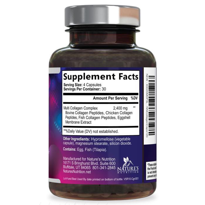 Multi Collagen Peptides Supplement - Hydrolyzed Types I, II, III, V & X Multi Collagen Pills, Hydrolyzed Collagen Peptides Supplements, Hair, Skin, Nail, and Joint Support Supplement, 120 Capsules