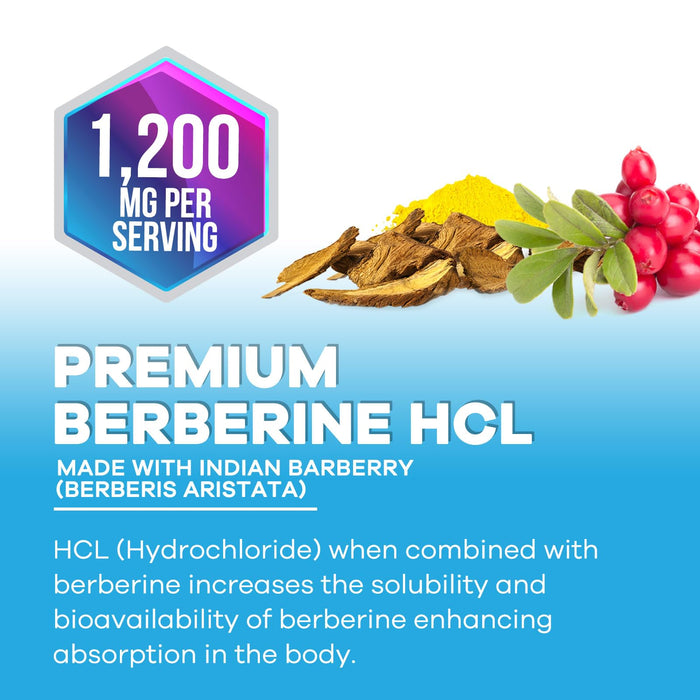 Berberine HCL 1200mg Supplement - Berberine HCI Capsules High Absorption Supplement for Heart Health & Immune Support, High Strength, Gluten-Free, Vegan, Non-GMO Pills - 60 Veggie Capsules