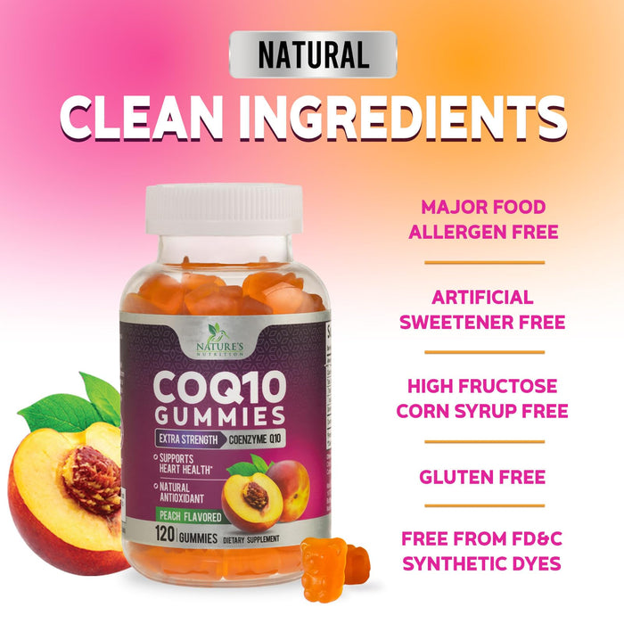 Nature's Nutrition CoQ10 Gummies 100mg – High Absorption Coenzyme Q10 Supplement for Heart Health, Energy & Antioxidant Support – Peach Flavor Gummy, Vegan, Non-GMO, Gluten Free – 120 Count