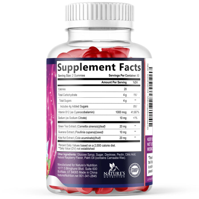Energy Gummies 1000 mcg Vitamin B12, Green Tea Natural Caffeine Support, Daily Energy Gummies Vitamins, Delicious Berry Flavor B12 Chewable Exercise Supplement for Running Cycling & Sports - 120 Chews
