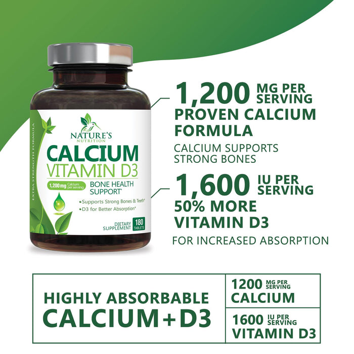 Calcium Supplement with Vitamin D - 1200 mg Calcium Carbonate with 1600 IU of D3 Vitamins - Supports Bone Strength, Teeth & Immune System - Natural & Easily Absorbable for Women & Men - 180 Tablets