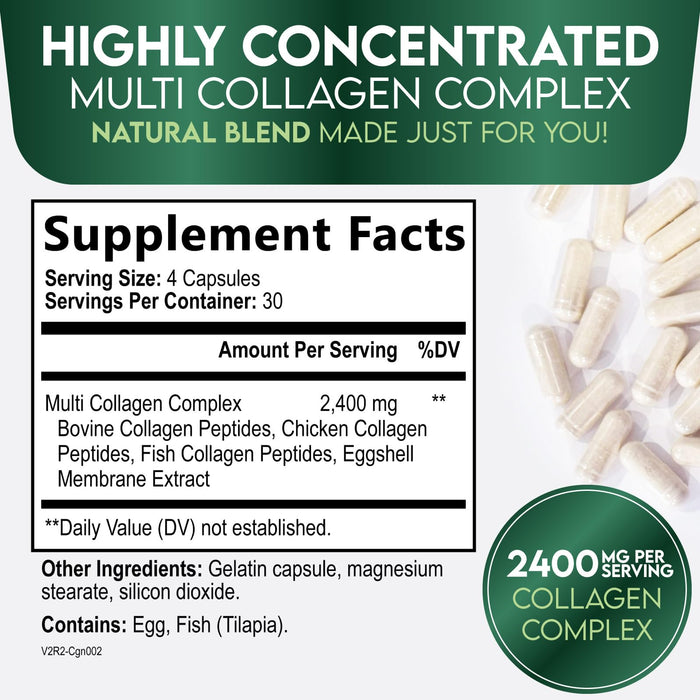 Multi Collagen Peptides Supplement 2400 mg, Types I, II, III, V & X Multi Collagen Pills Complex, Hydrolyzed Collagen Peptides Supplements, Hair, Skin, Nail, and Joint Support Supplement, 120 Capsules