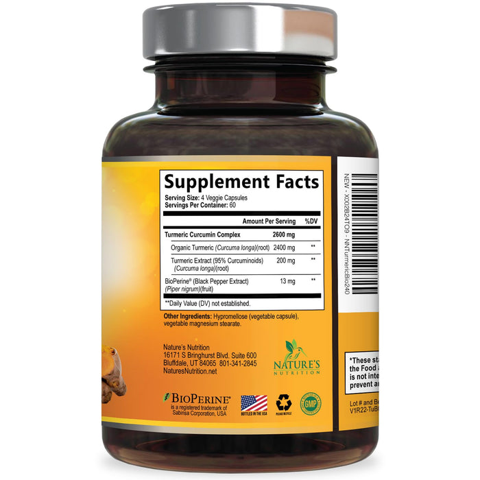 Turmeric Curcumin Supplement with BioPerine 95% Curcuminoids 2600mg with Black Pepper for Best Absorption, Bottled in USA, Best Natural Vegan Joint Support, Nature's Non-GMO Tumeric - 240 Capsules