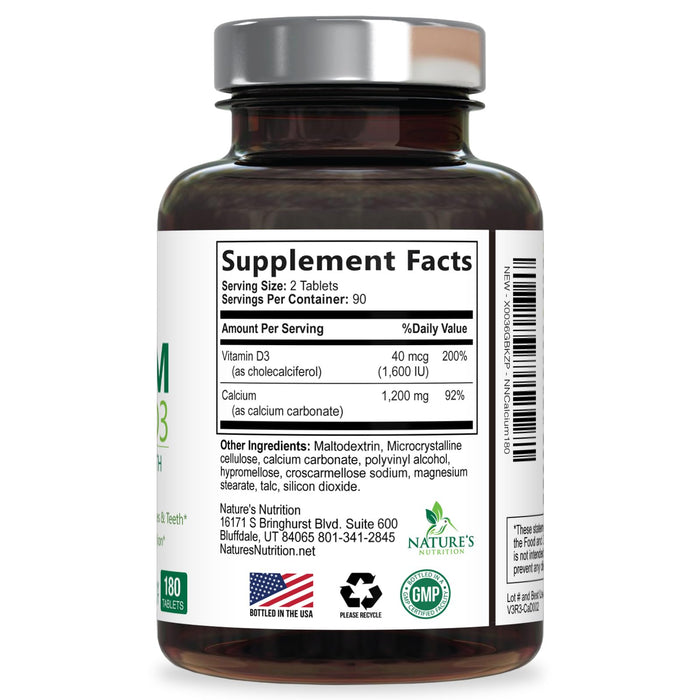 Calcium Supplement with Vitamin D - 1200 mg Calcium Carbonate with 1600 IU of D3 Vitamins - Supports Bone Strength, Teeth & Immune System - Natural & Easily Absorbable for Women & Men - 180 Tablets