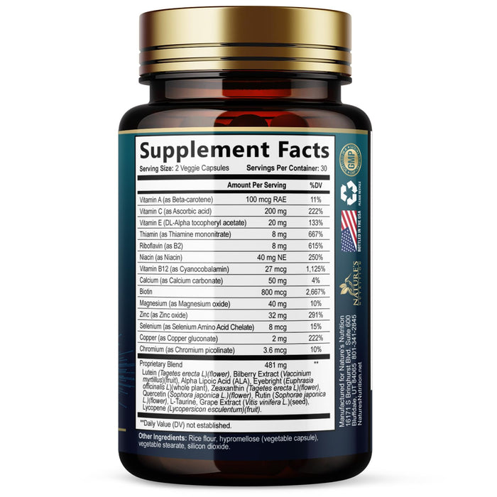 Eye Vitamins & Mineral Supplement - Contains Lutein, Zinc, Vitamins C, E & Zeaxanthin - Supports Eye Strain, Vision Macular Health & Dry Eyes for Seniors with Lycopene, Gluten Free - 60 Capsules