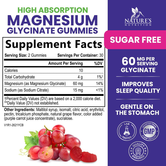 Magnesium Glycinate Supplement Gummies - Magnesium Supplement with Bone Muscle Heart Health & Sleep Support - Gentle on Stomach & Chelated for Max Absorption - Grape Flavor & Sugar Free - 60 Gummies