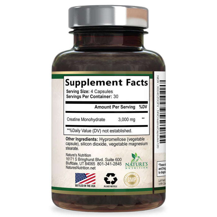 Creatine Monohydrate Capsules 3000mg – Best Micronized Creatine Powder - Supports Lean Muscle, Strength, Energy, & Endurance - Nature's Supplement, Non-GMO, Gluten Free for Women & Men - 120 Capsules