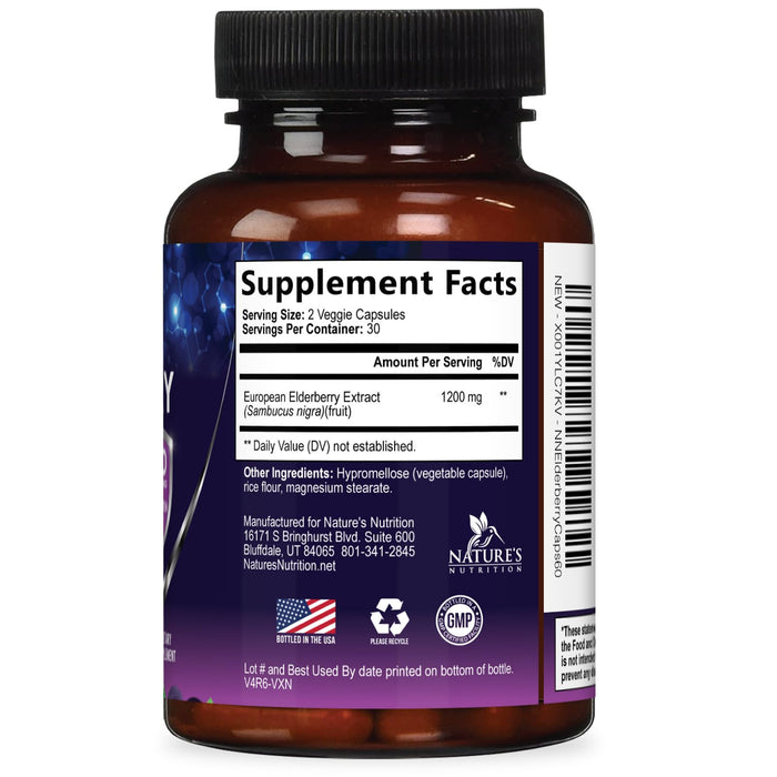 Elderberry Immune Support 1200mg Extract Capsules - Daily Immune Support for Adults with Concentrated Sambucus Black Elderberry Antioxidant - Gluten Free Vitamin, Non-GMO Supplement - 60 Capsules